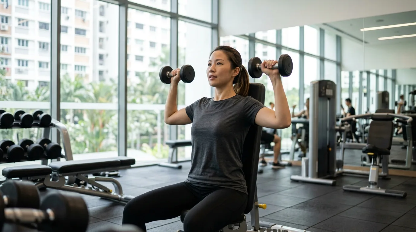 Person exercising on gym equipment in a bright, modern public fitness facility.