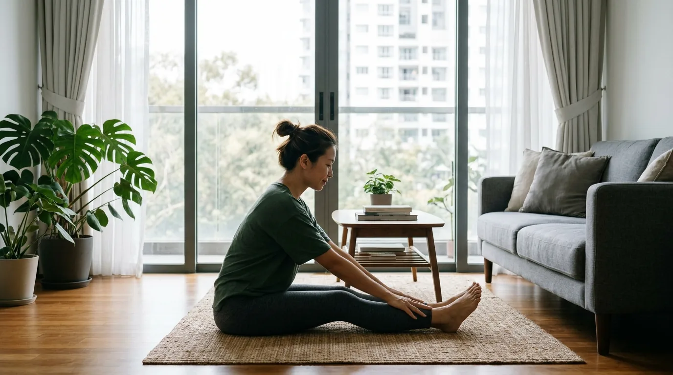 Woman doing a quiet yoga stretch in a bright, compact condo living room.
