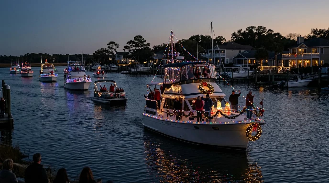 Holiday-decorated boats with twinkling lights parade through a harbor at twilight.