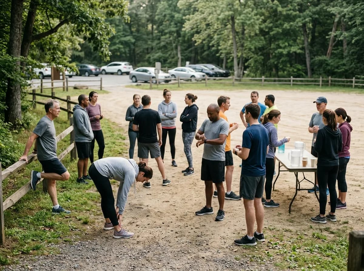 A group of diverse runners stretching before a community run.