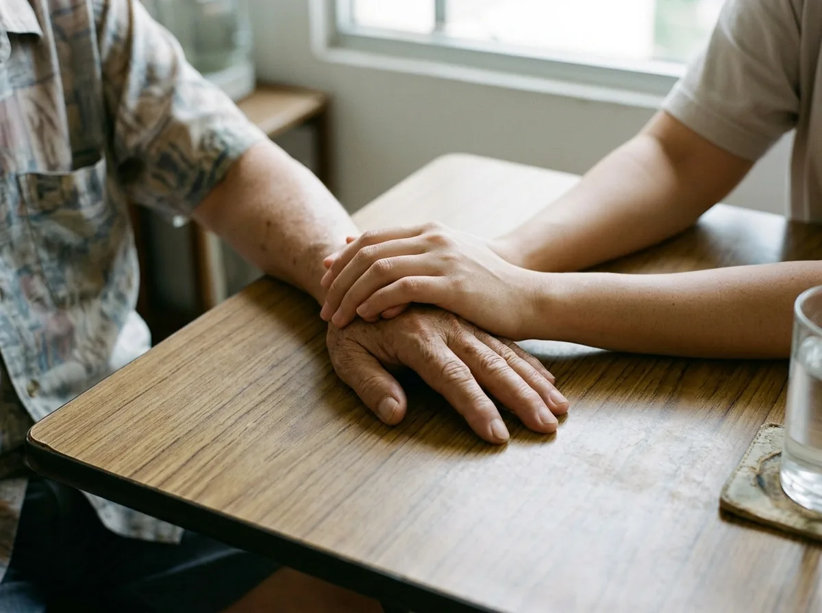 Two hands on a table in a gesture of support and connection between two people.