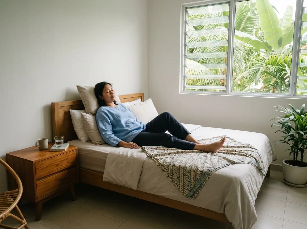 Person resting peacefully in a bright, airy bedroom.