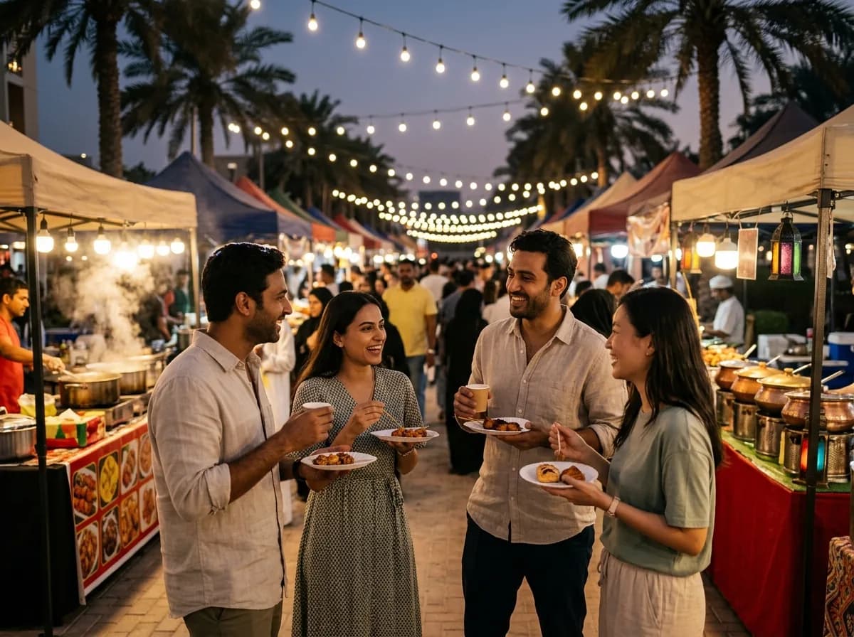 People tasting different foods at outdoor market stalls at night.