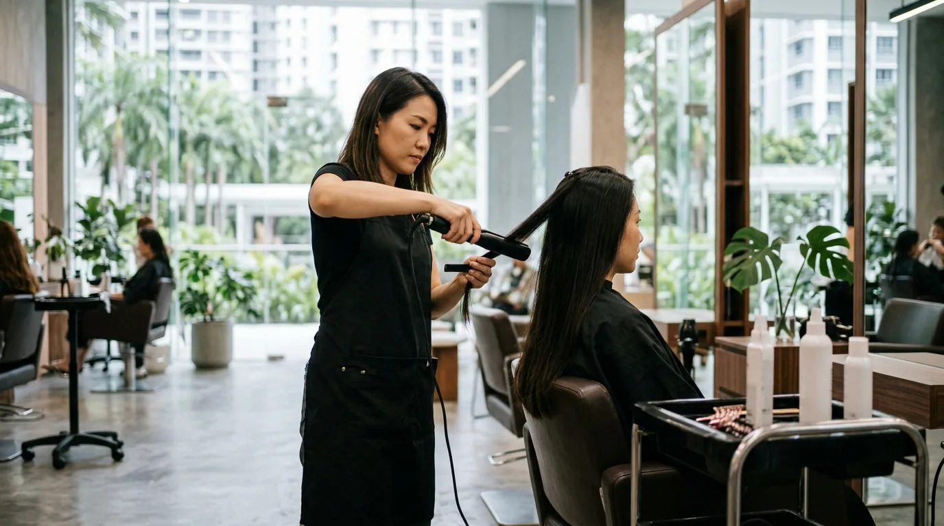 Hairstylist using a flat iron on a client's hair during a keratin treatment.
