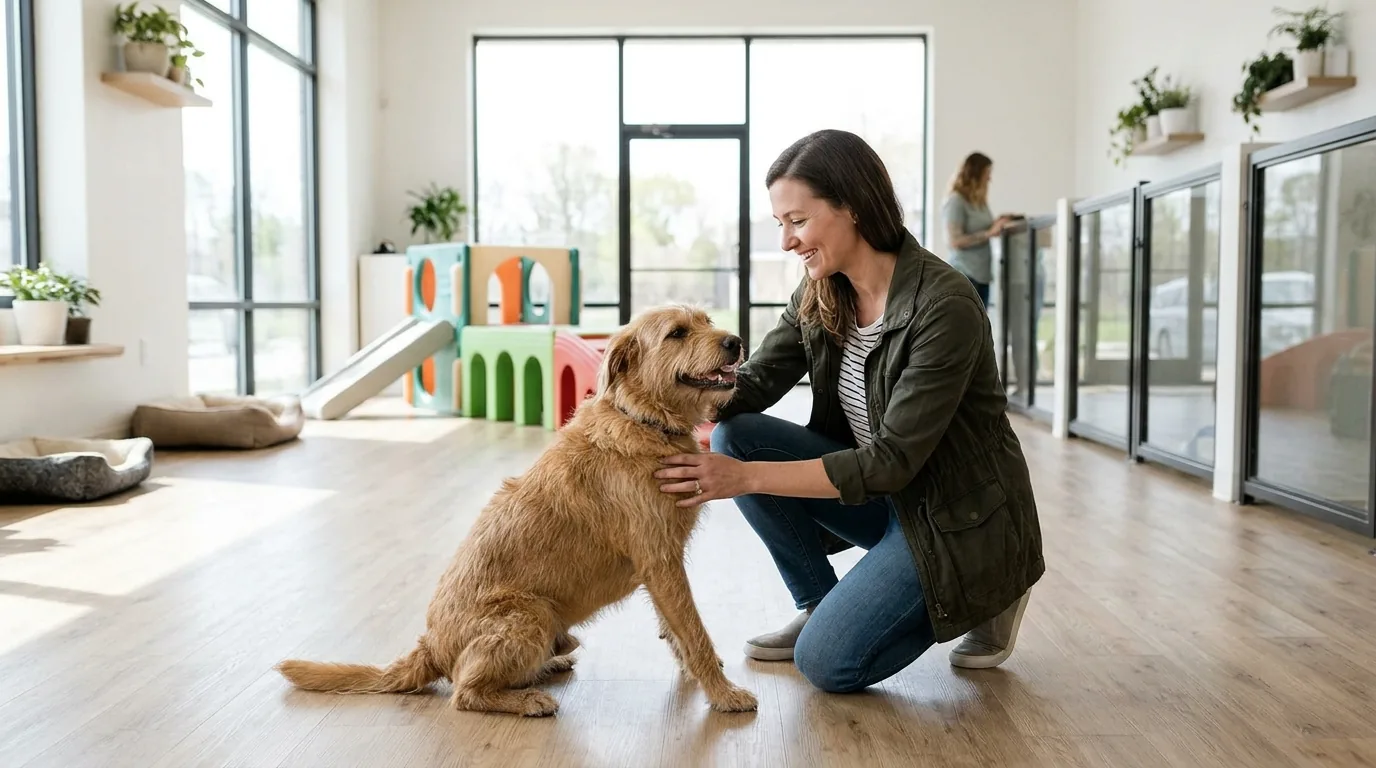 A woman pets a dog in a sunlit pet boarding facility.