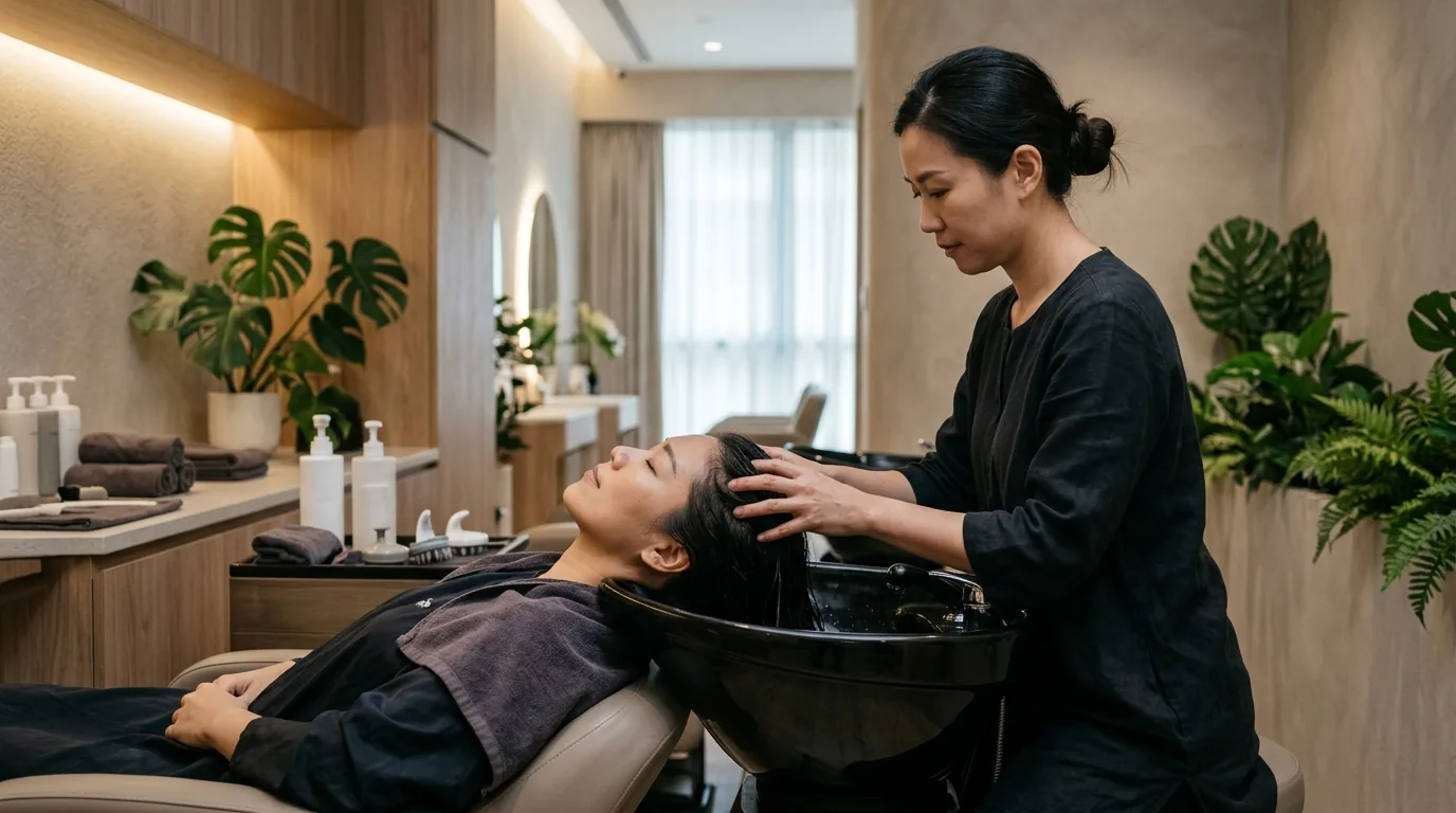Woman receiving professional scalp massage during a head spa treatment at a salon.