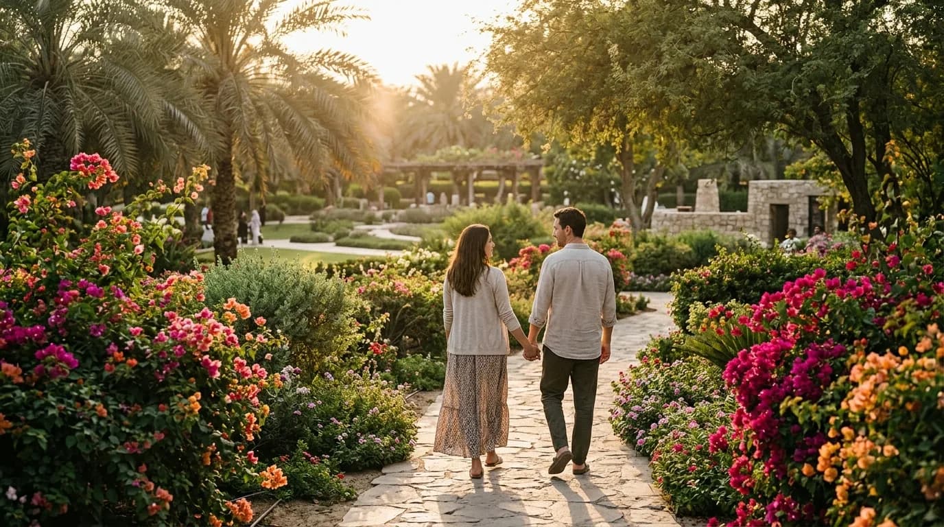 Couple strolling through a colorful flower garden at sunset