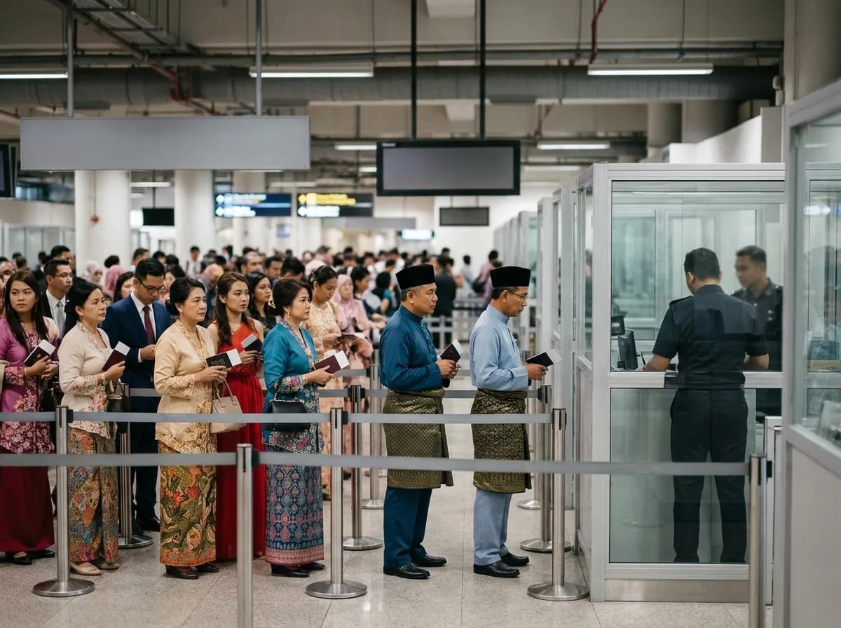 Wedding guests with documents at a border immigration checkpoint.