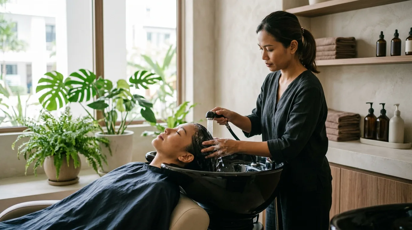 Woman receiving a head spa treatment with therapist massaging her scalp