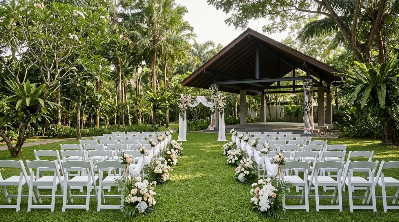 Garden wedding venue with white seating, floral decorations, and covered pavilion structure.
