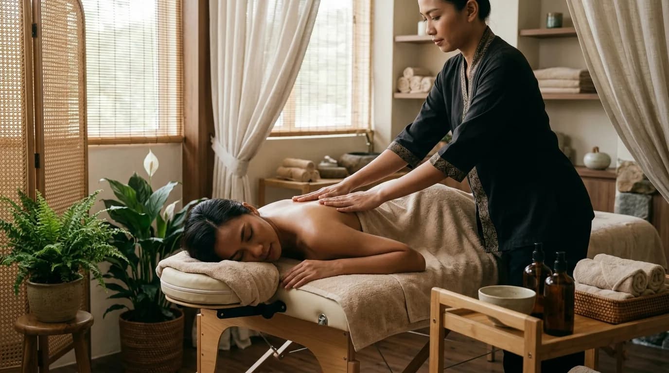 Woman receiving a professional back massage in a spa treatment room with soft lighting.