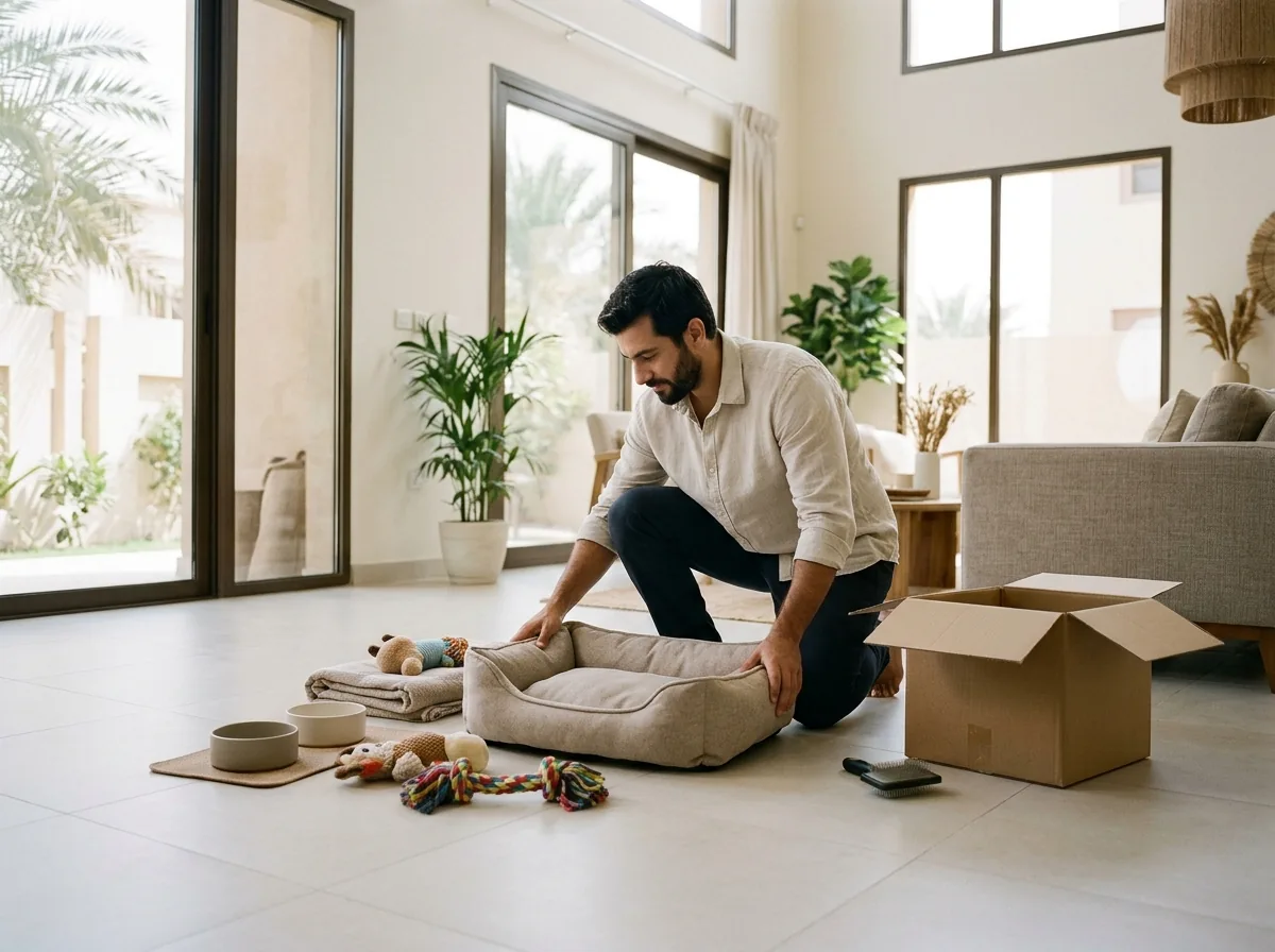Man setting up pet supplies and a bed for a new dog.