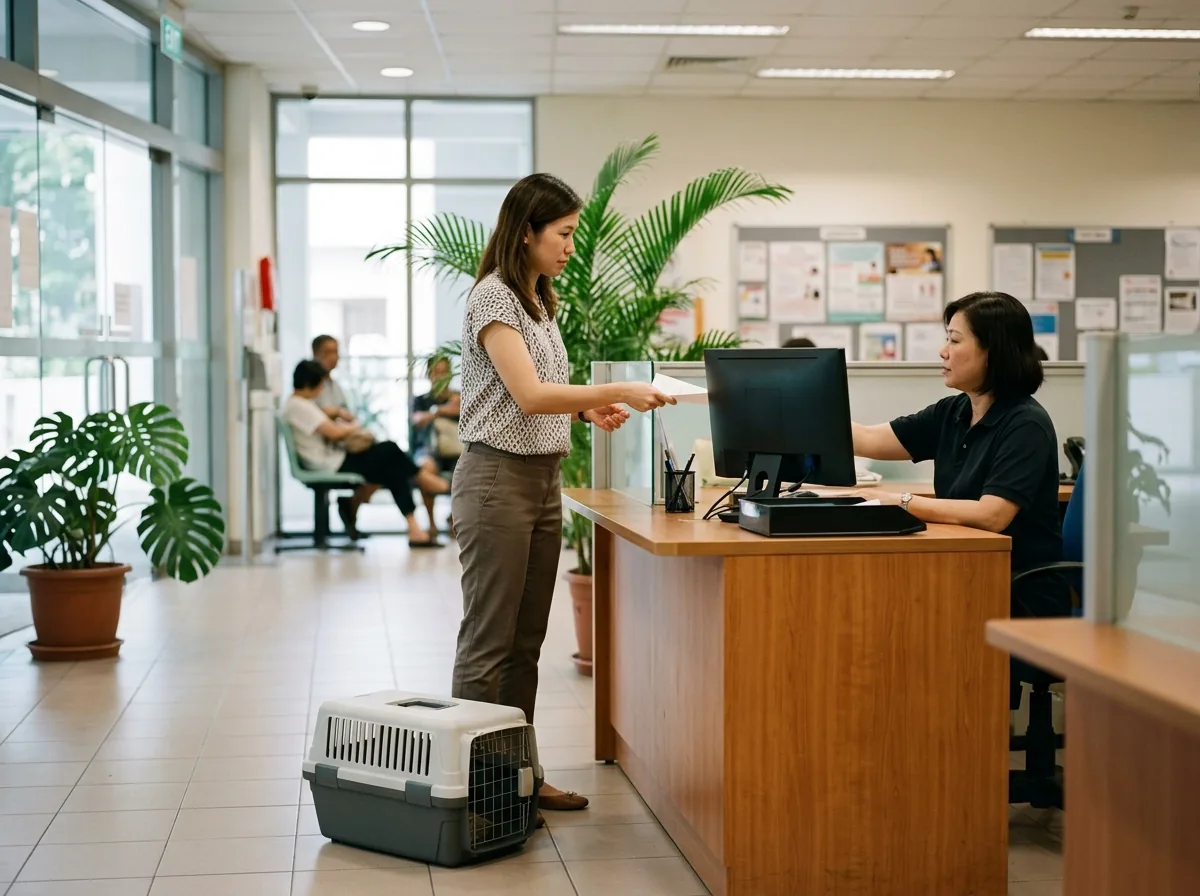 Person submitting cat licensing documents at a service counter with a carrier nearby.