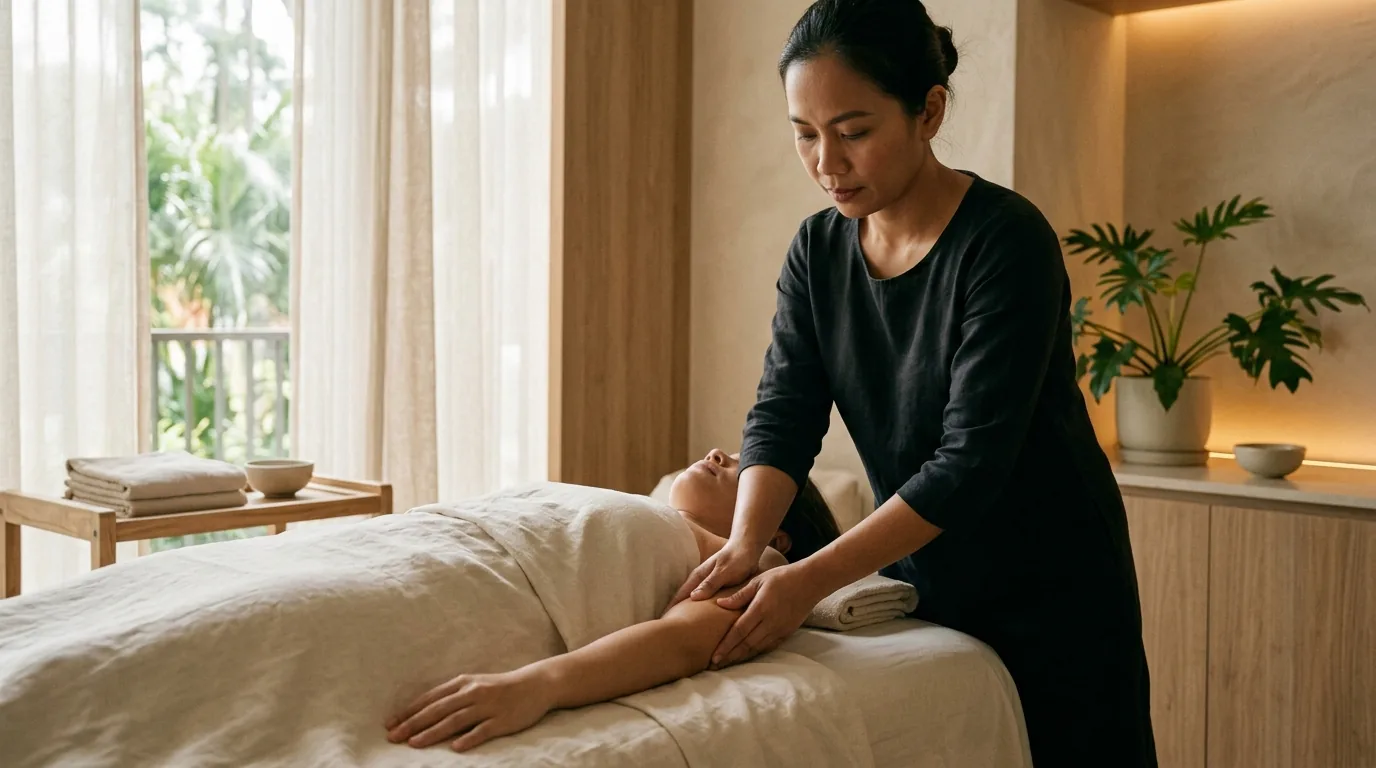 Therapist performing gentle lymphatic drainage massage on client's arm in spa setting.
