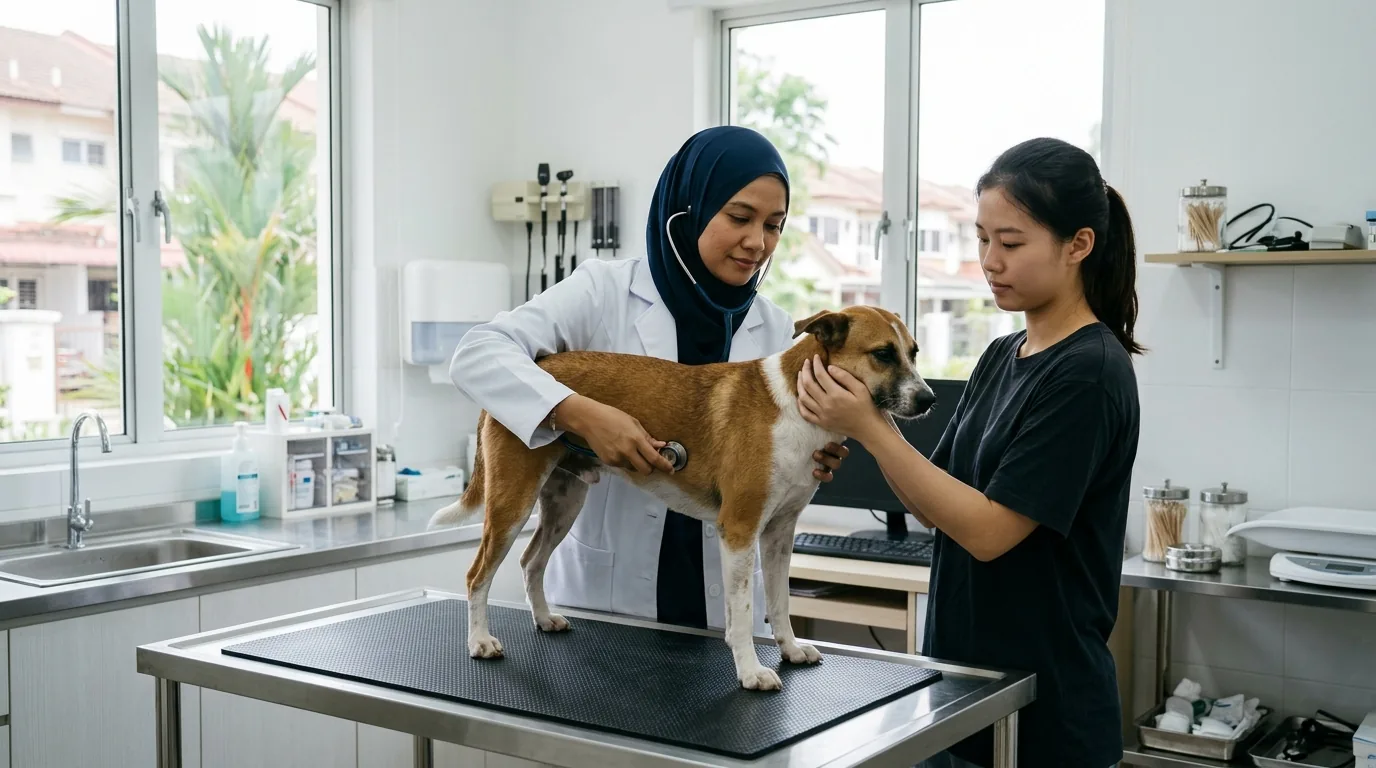 Vet examining a dog on an examination table during a health check.