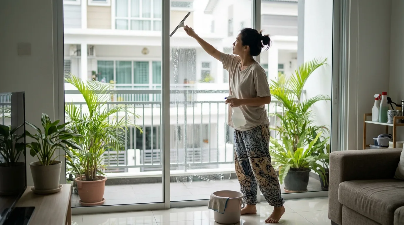 Woman cleaning a window with a squeegee in a bright living room