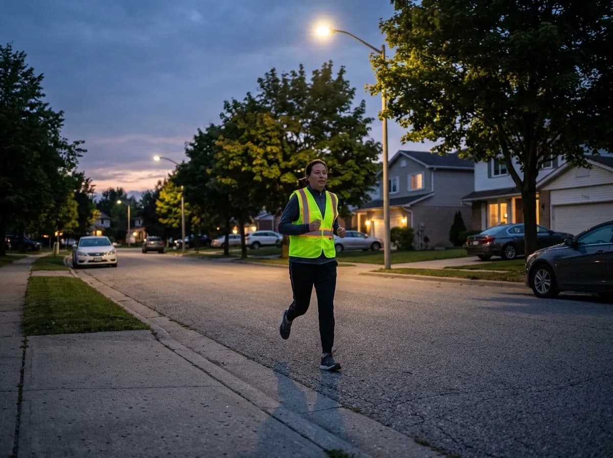 Runner in reflective gear jogging during dusk with streetlights on.