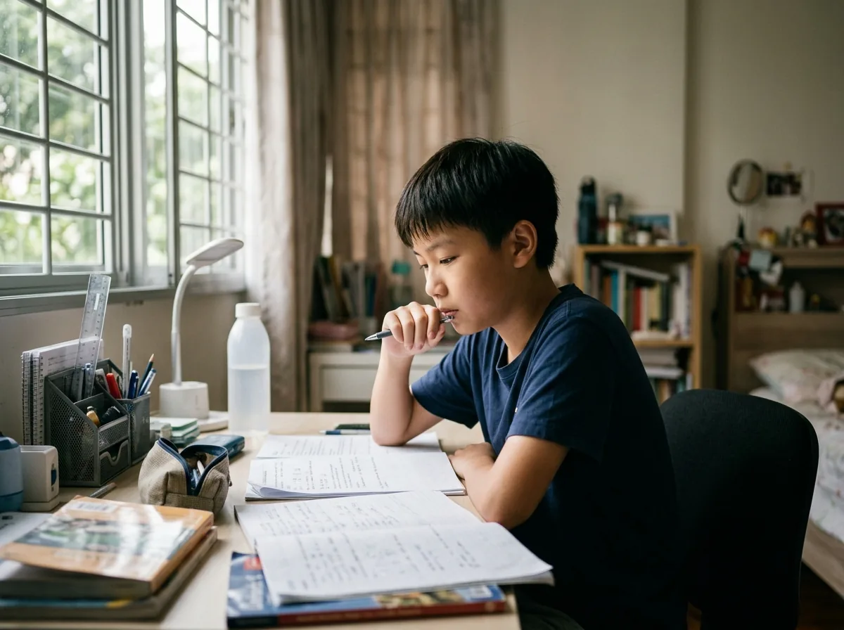 Student studying and reflecting in a classroom environment.