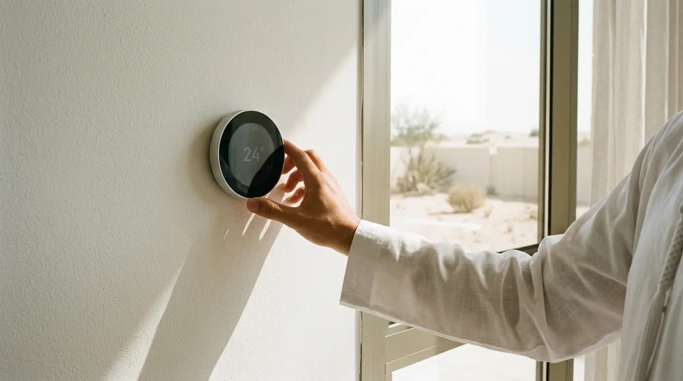Hand adjusting a digital thermostat on an air-conditioned villa wall