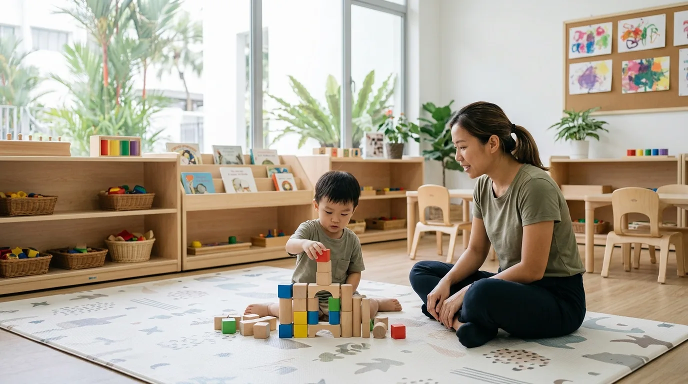 Child playing with blocks in a sunny preschool classroom with a caregiver nearby.