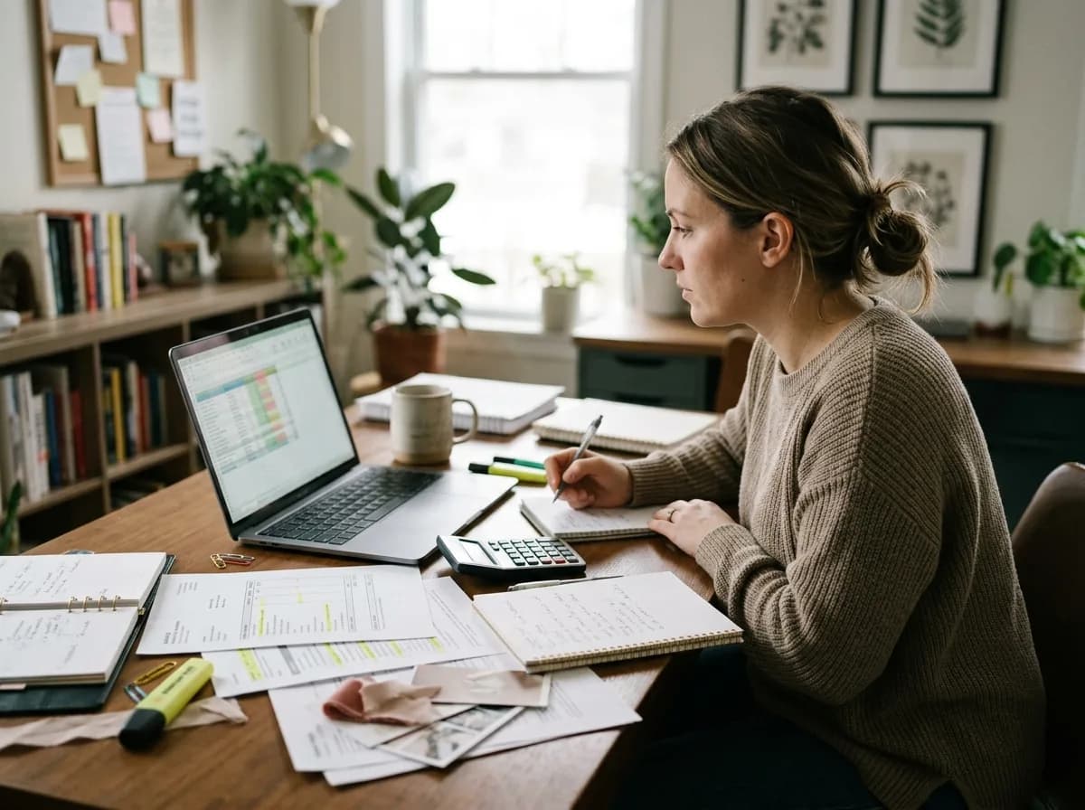 Person calculating wedding budget with spreadsheet, calculator, and vendor quotes.