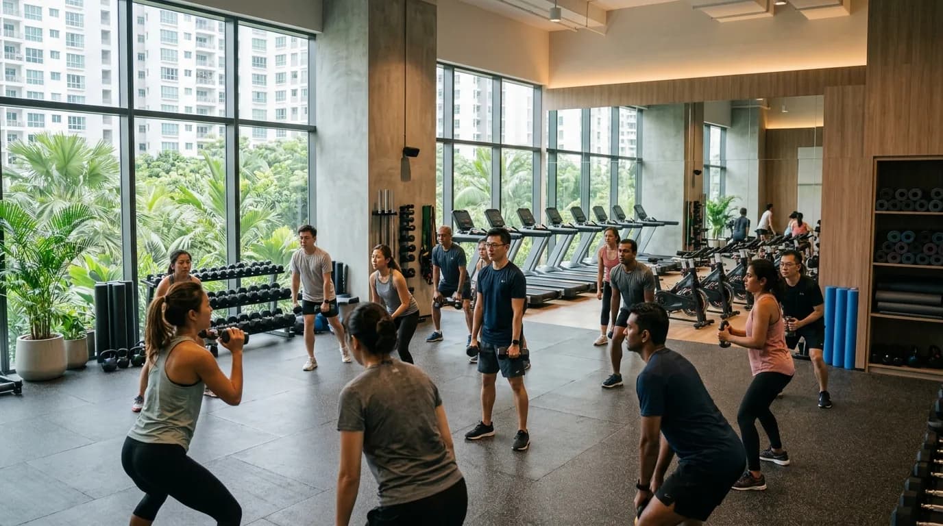 People exercising in a bright, modern gym with cardio equipment and weights during a group class.