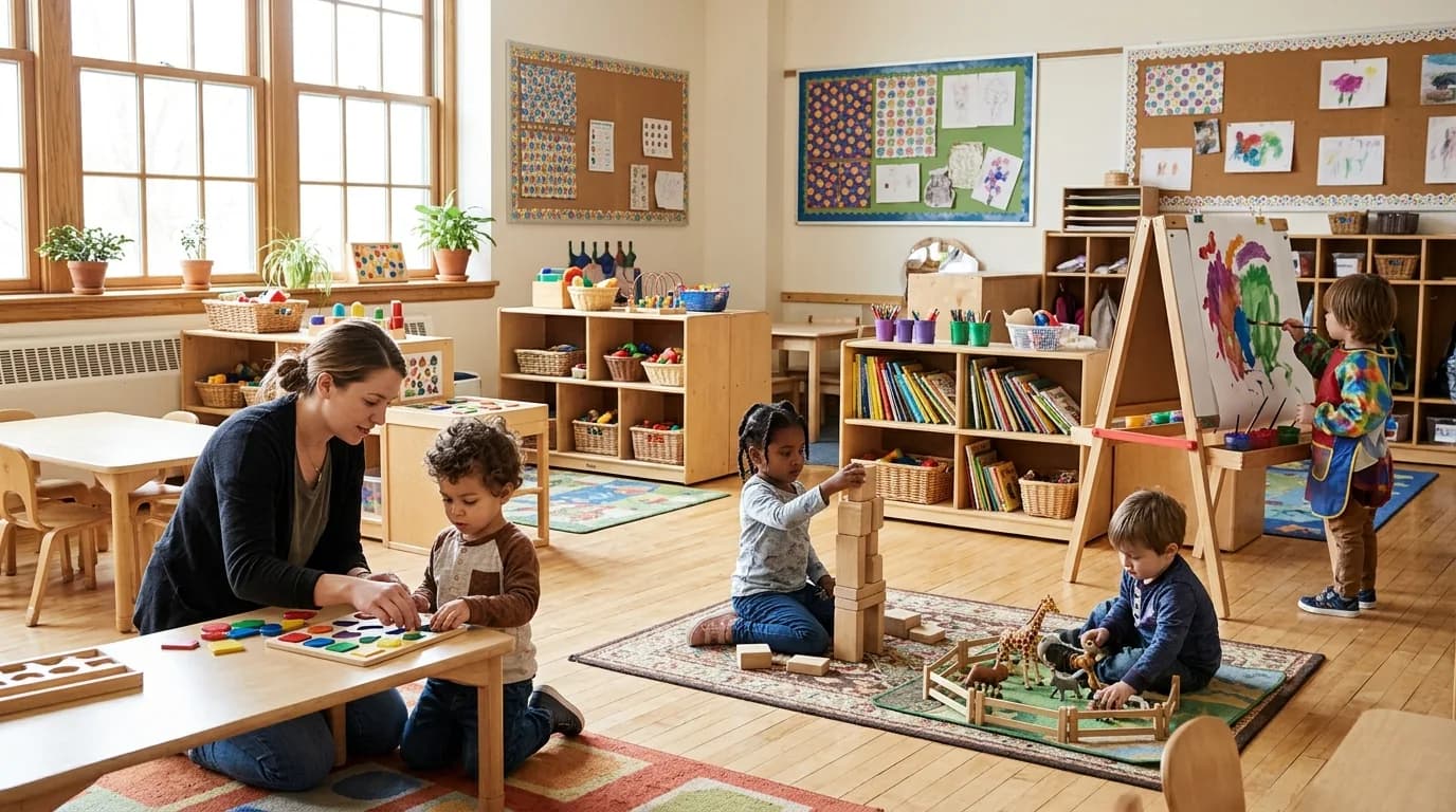Young children playing and learning together in a bright, colorful preschool classroom.