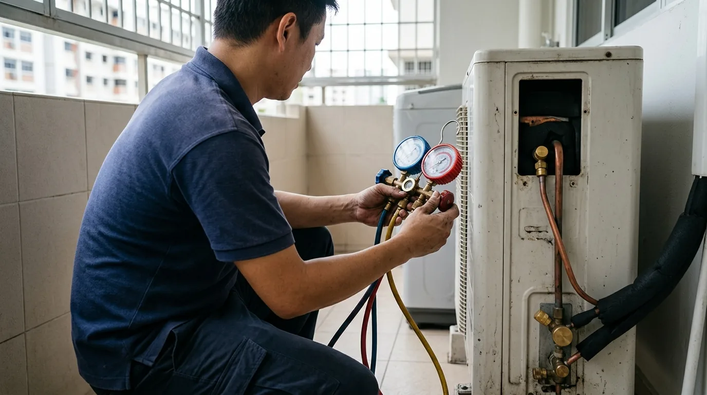 Technician with gauges checking aircon refrigerant levels