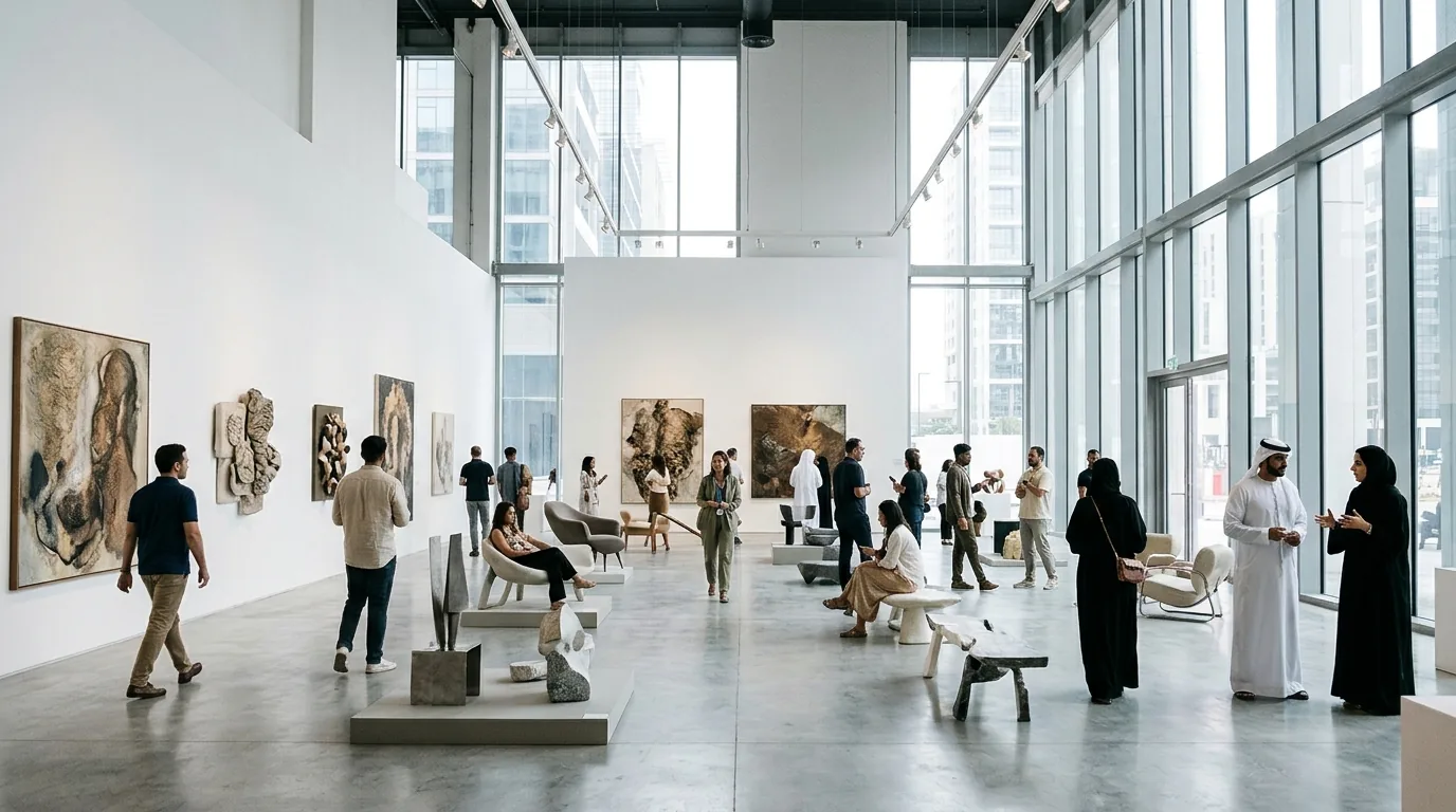 Modern gallery interior with art installations and visitors exploring design exhibits