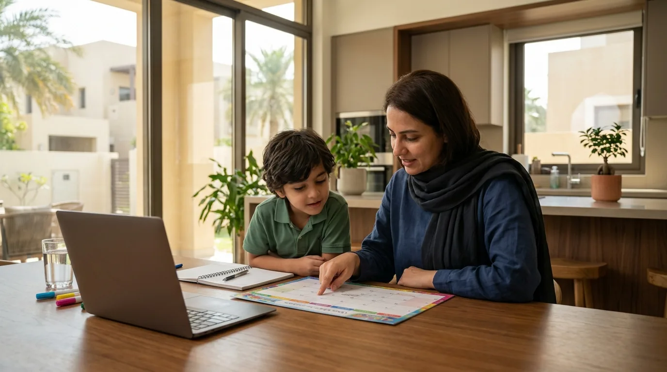 Parent and child looking at school calendar at home