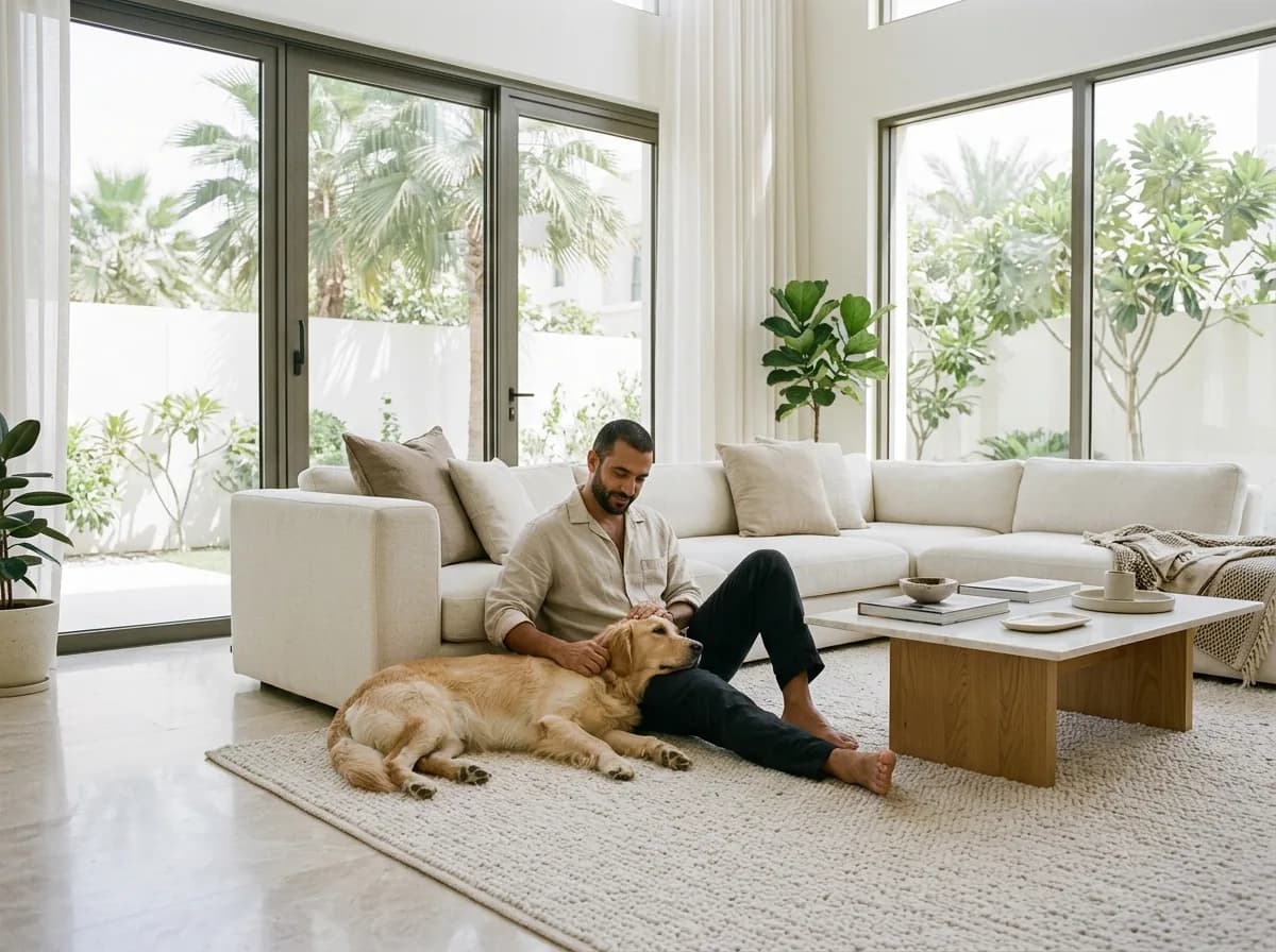 Dog and owner relaxed together in a bright modern living room, showing home life in Dubai.