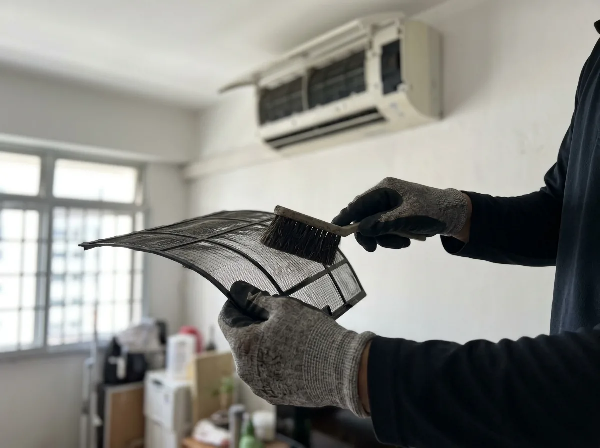 Technician's hands handling aircon filters and cleaning tools.