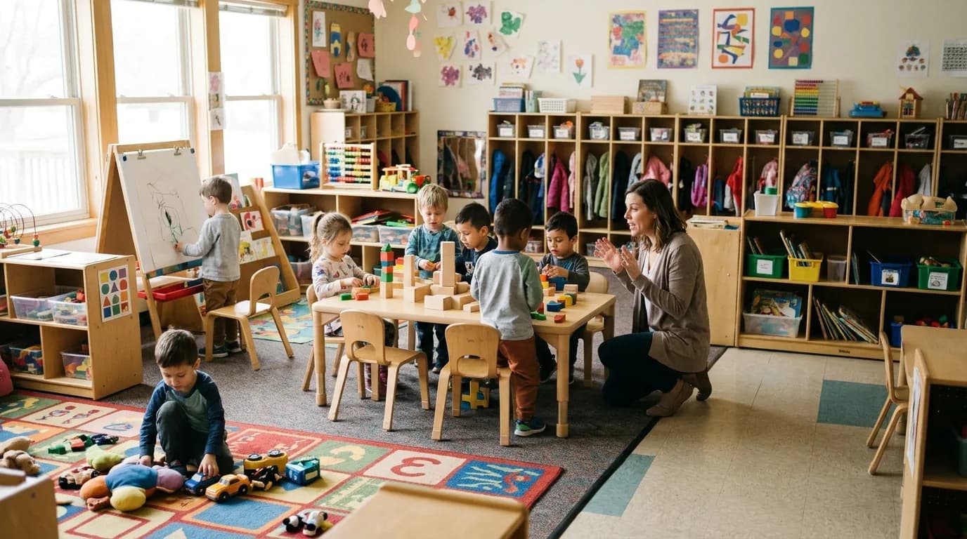Preschool classroom with children playing and learning at activity stations