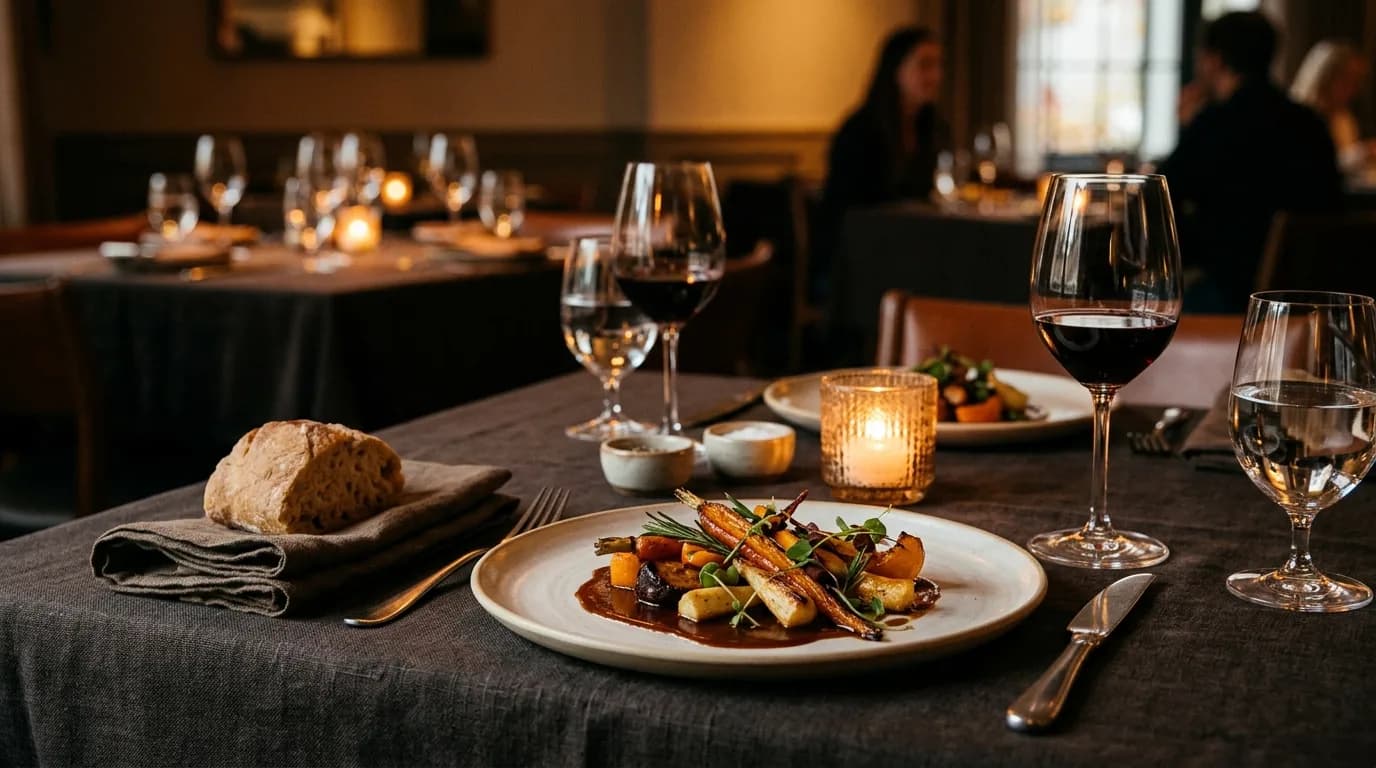 An elegantly plated fall dinner with roasted seasonal vegetables and garnish on a white plate.