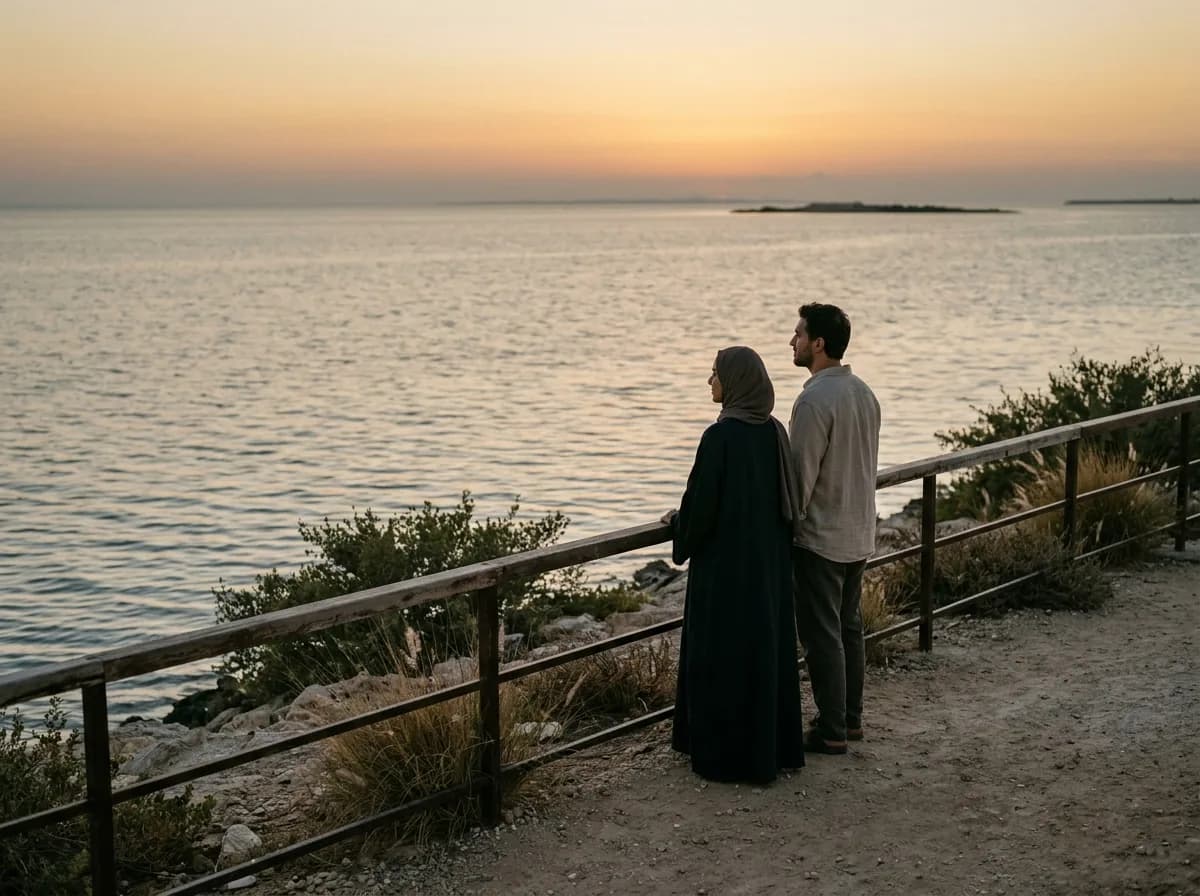 Two people enjoying a view from an island overlook during evening hours.