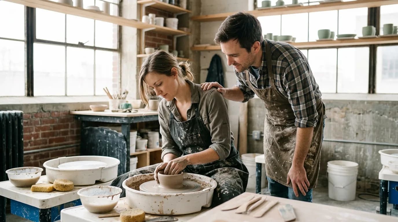 Two people work at a pottery wheel together in a bright studio workshop.