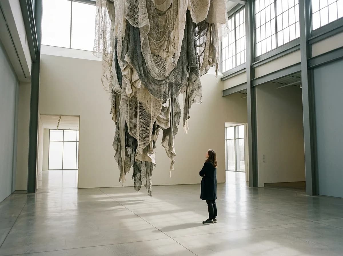Visitor pausing to reflect while viewing museum artwork.