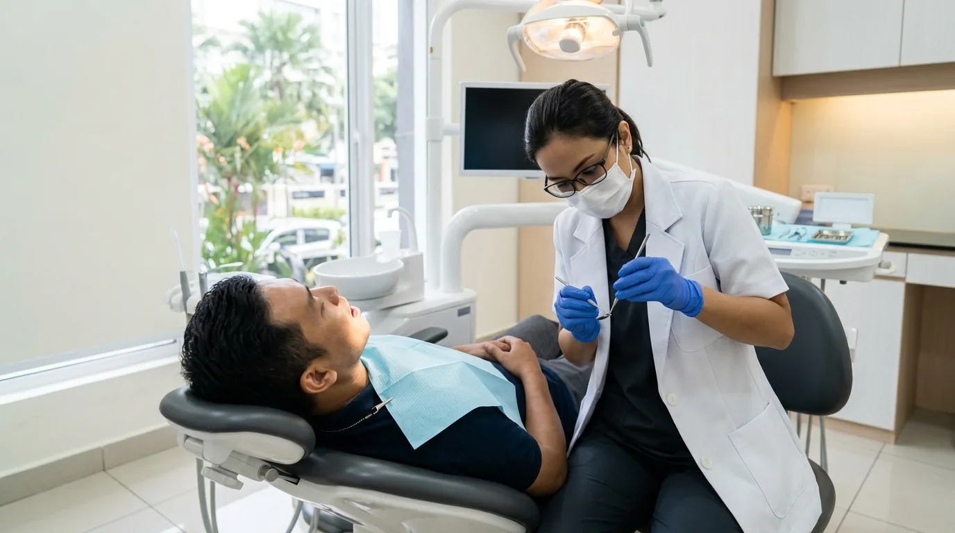 Dentist examining a patient's teeth in a modern dental clinic with bright lighting.