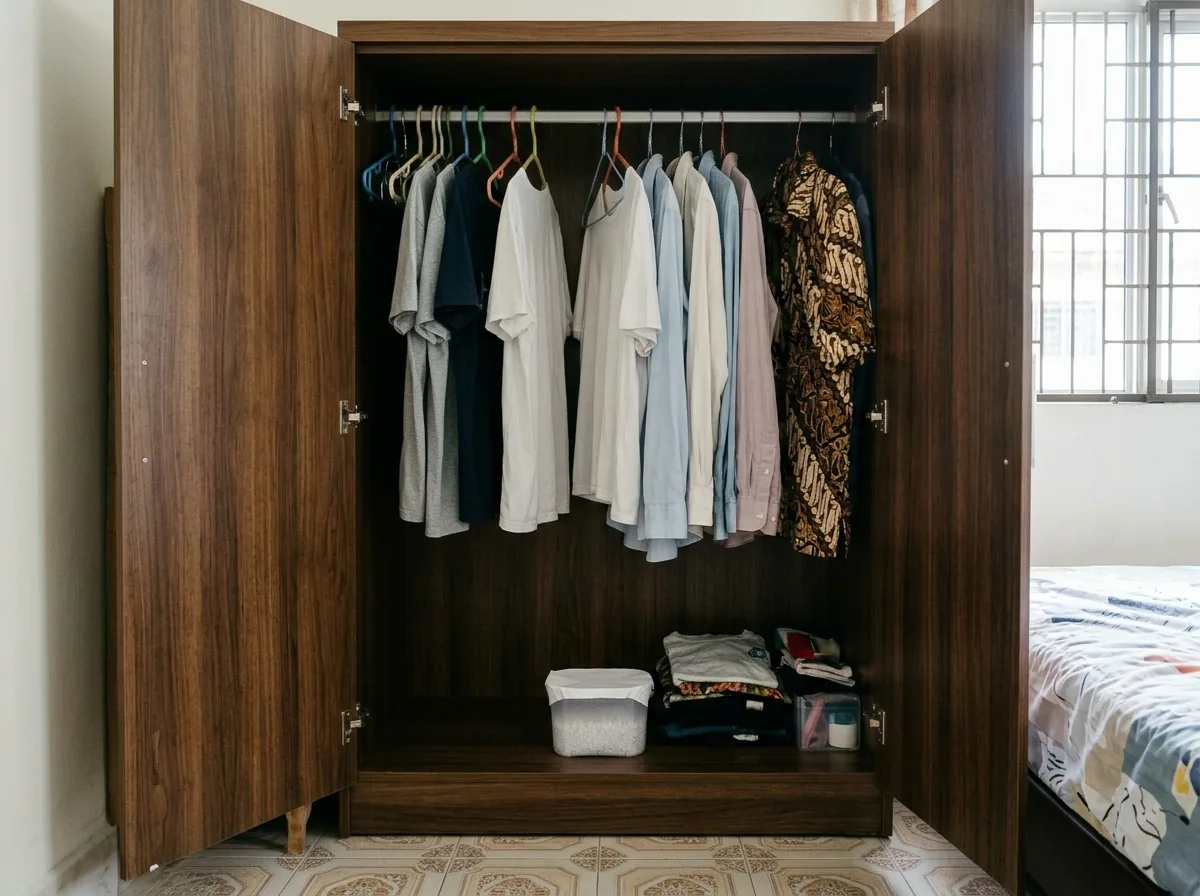 Wardrobe with dehumidifier product to prevent mould on stored clothing