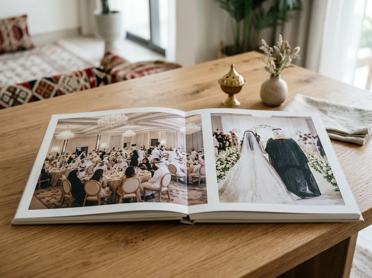 Open wedding photo album showing printed images on a table