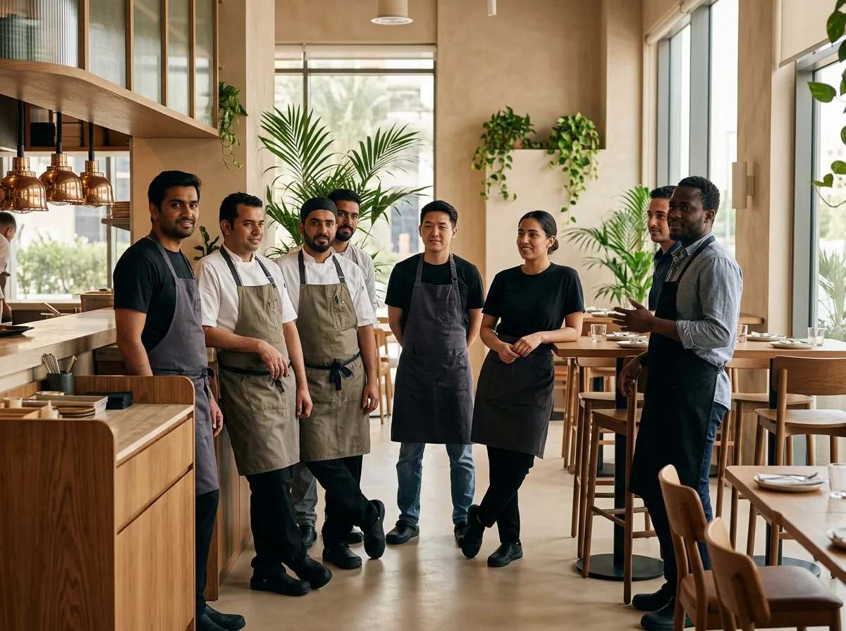 Restaurant staff team in casual service uniforms in modern dining establishment