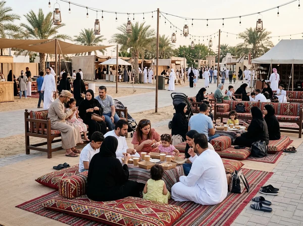 Families enjoying food and rest breaks at festival dining and seating areas.