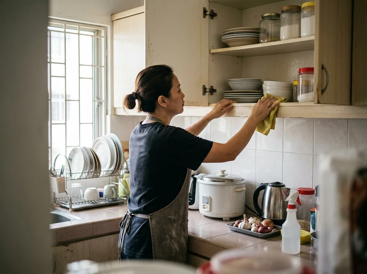 Person cleaning kitchen shelves and cabinet surfaces with a cloth