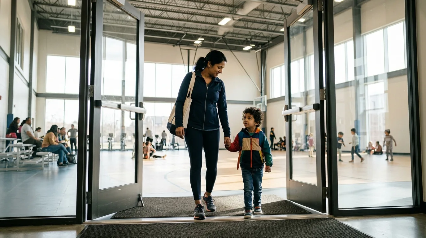 Parent and child entering a bright gym facility with fitness equipment visible inside.