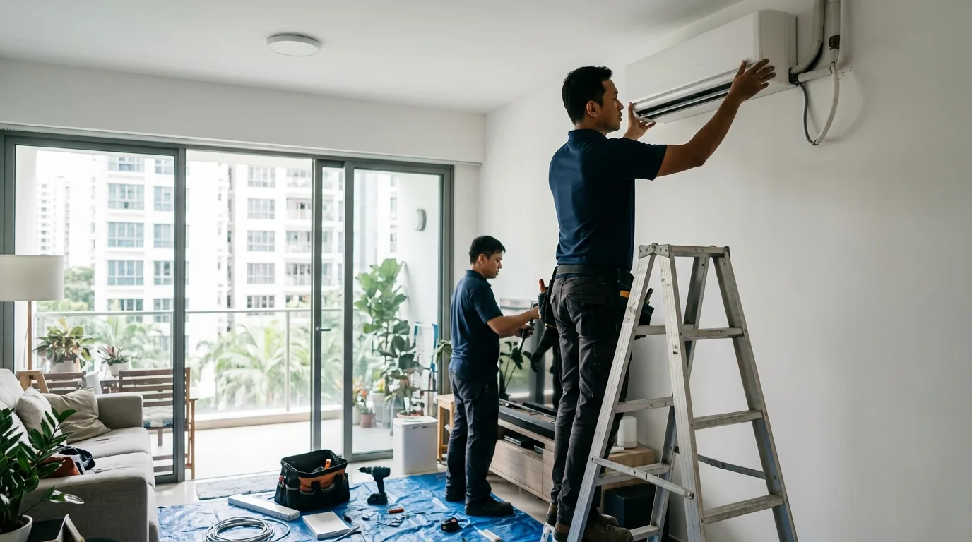 Technician installing indoor air-conditioning fan coil on a living room wall