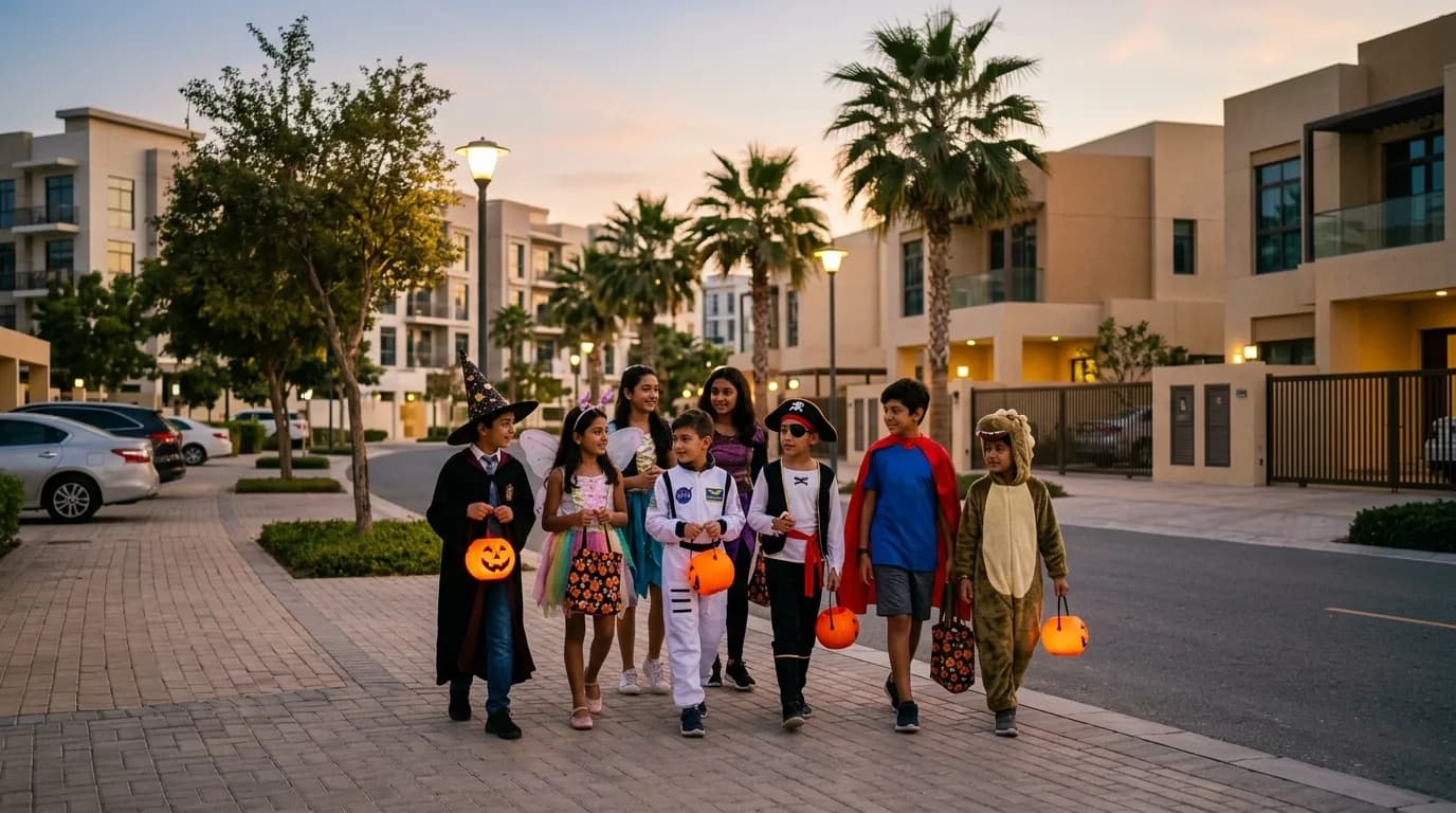 Children in Halloween costumes with pumpkins and candy bags on a Dubai street at twilight.