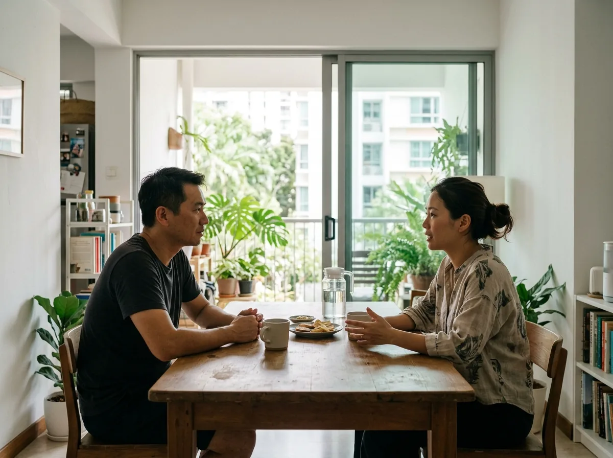 Two adults having a discussion over tea at a dining table with relaxed posture.