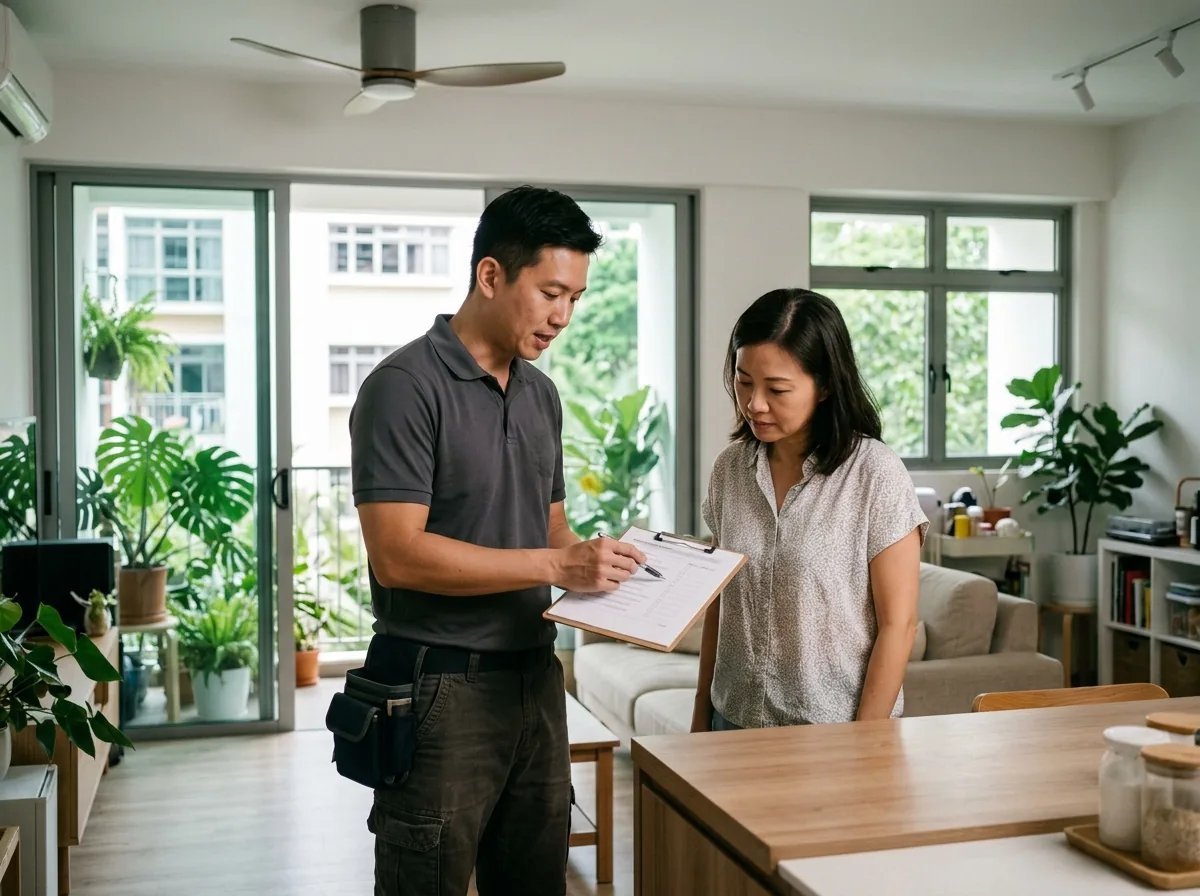 Technician explaining warranty terms to homeowner