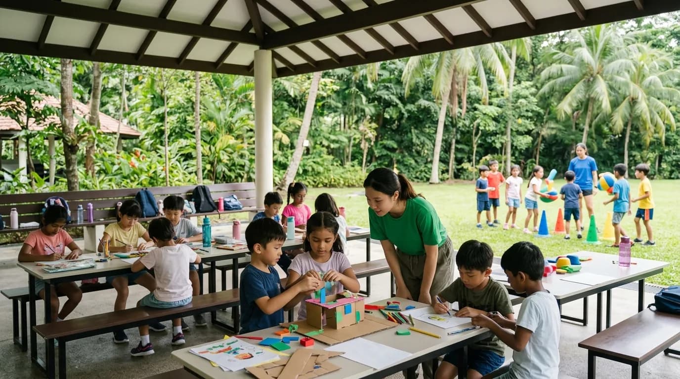 Children of different ages engaged in outdoor activities and games during a holiday camp.