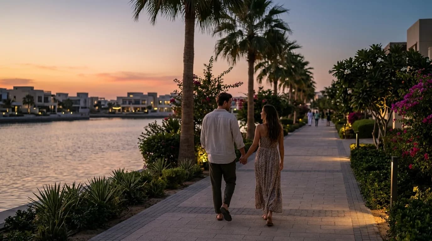 Two people strolling together on a peaceful waterfront path during golden hour.